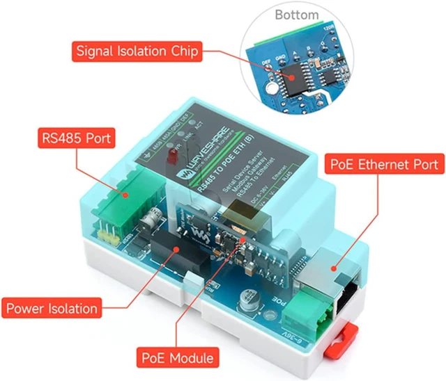 Alt view image 6 of 7 - RS485 to RJ45 Ethernet with POE Function Modbus/MQTT Gateway, Bi-Directional Transparent Data Transmission Between RS485 and Ethernet, 6~36V DC Screw Terminal, or PoE Port Power Supply