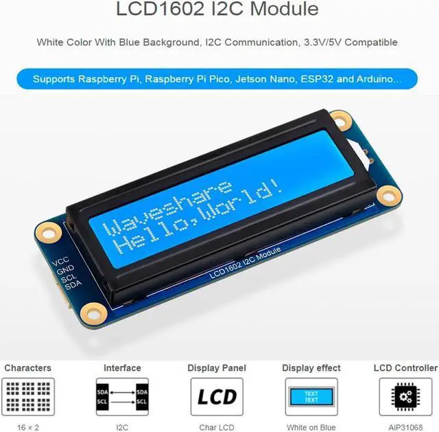 Alt view image 2 of 6 - waveshare AiP31068 LCD1602 I2C Module,16x2 Characters Display, White Color with Blue Background, Compatible with Arduino/Raspberry Pi/Raspberry Pi Pico/Jetson Nano/ ESP32, 3.3V/5V