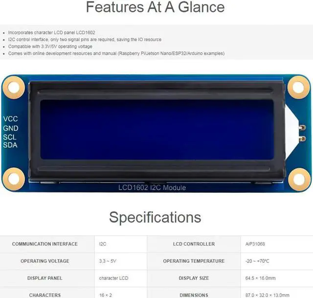 Alt view image 4 of 6 - waveshare AiP31068 LCD1602 I2C Module,16x2 Characters Display, White Color with Blue Background, Compatible with Arduino/Raspberry Pi/Raspberry Pi Pico/Jetson Nano/ ESP32, 3.3V/5V