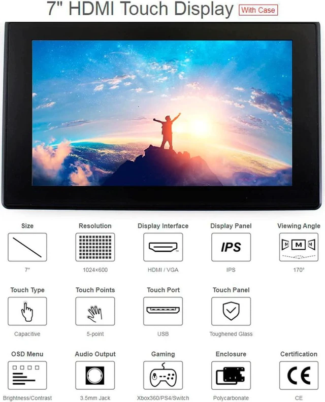 Alt view image 2 of 7 - 7inch HDMI LCD (H) (with case) Capacitive Touch Screen 1024x600 IPS Display Monitor Compatible with Raspberry Pi 5/4B/3B+/3B/Pi Zero W/Zero 2W/Pico/Pico W/Pico 2/Pico 2WJetson Nano/Win10/8/7