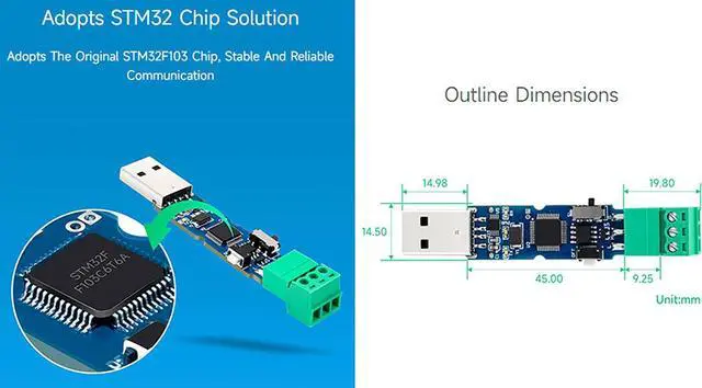 Alt view image 6 of 7 - waveshare USB to CAN Adapter Model A STM32 Chip Solution, CAN Baud Rate 5kbps~1Mbps is Configurable, Support Windows XP/7/8/10/11 and Linux Systems, Multiple Working Modes