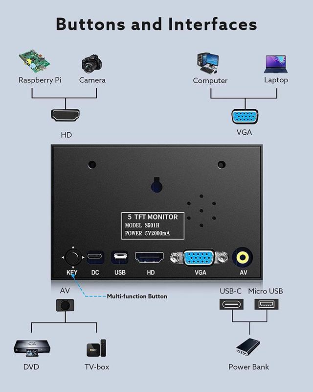 10 Bit Ips Monitoreyoyo 5-inch Ips Touch Screen Monitor 800x480 For  Raspberry Pi, 180° View