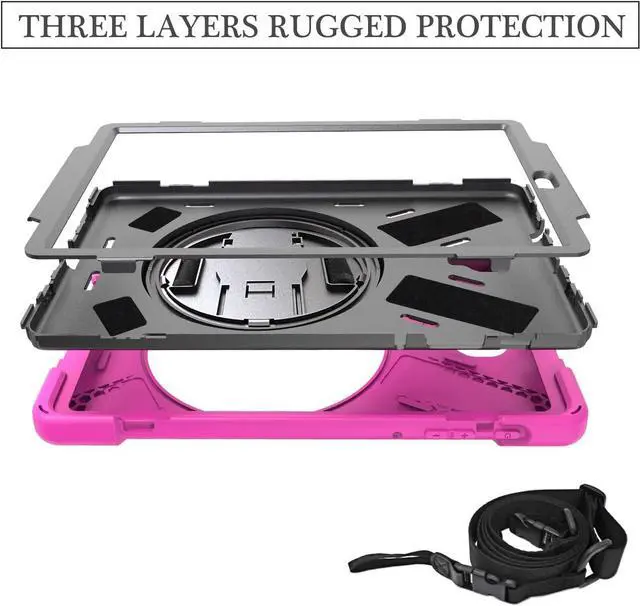 Alt view image 6 of 7 - Galaxy Tab A 10.5 Case by Heavy Duty Shield Rotating Palmstrap Kickstand Shoulder Strap Tempered Glass Screen Protector Cover for Samsung Galaxy Tab A 10.5-inch T590 SM-T590 (Hot Pink)