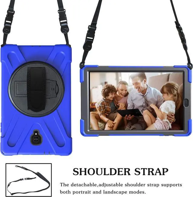 Alt view image 7 of 7 - Galaxy Tab A 10.5 Case by Heavy Duty Shield Rotating Palmstrap Kickstand Shoulder Strap Tempered Glass Screen Protector Cover for Samsung Galaxy Tab A 10.5-inch T590 SM-T590 (Blue)