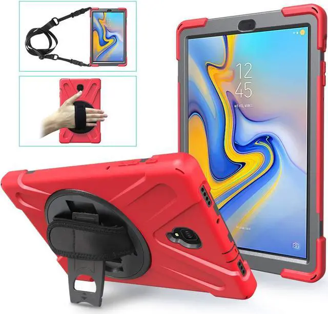 Alt view image 5 of 7 - Galaxy Tab A 10.5 Case by Heavy Duty Shield Rotating Palmstrap Kickstand Shoulder Strap Tempered Glass Screen Protector Cover for Samsung Galaxy Tab A 10.5-inch T590 SM-T590 (Red)