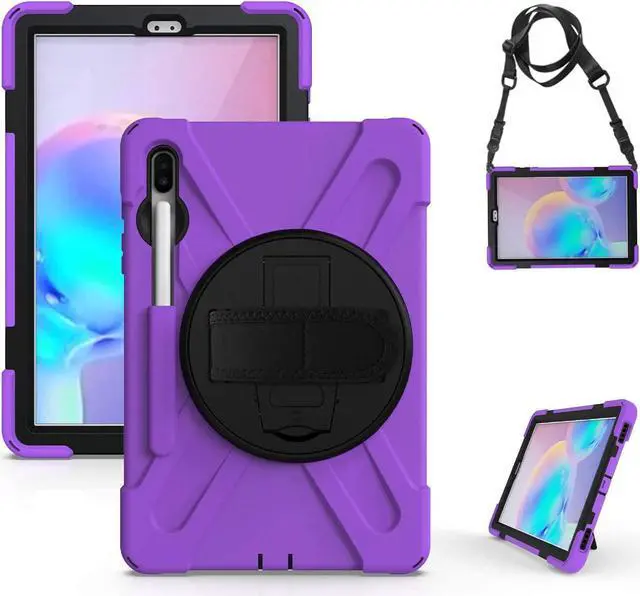 Alt view image 7 of 7 - Galaxy Tab S7 Plus 12.4 Case Shockproof Heavy Duty Durable Dual-Layer Cover Kickstand Handstrap Shoulderstrap Sling for Samsung Galaxy Tab S7+ 2020 SM-T970 (Shield Purple)