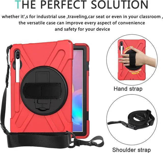 Alt view image 7 of 7 - Galaxy Tab S7 Plus 12.4 Case Shockproof Heavy Duty Durable Dual-Layer Cover Kickstand Handstrap Shoulderstrap Sling for Samsung Galaxy Tab S7+ 2020 SM-T970 (Shield Red)