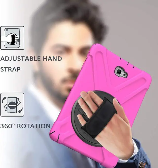 Alt view image 4 of 7 - Galaxy Tab A 10.1 Inch Case by Heavy Duty Shield Rotating Palmstrap Kickstand Shoulder Strap Tempered Glass Screen Protector for Samsung Galaxy Tab A 10.1 P580 SM-P580 (Hot Pink)