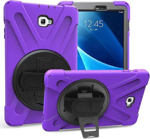 Main image of Galaxy Tab A 10.1 Inch Case by Heavy Duty Shield Rotating Palmstrap Kickstand Shoulder Strap Tempered Glass Screen Protector for Samsung Galaxy Tab A 10.1 P580 SM-P580 (Purple)