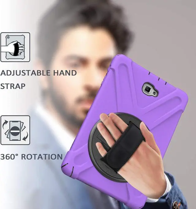 Alt view image 4 of 7 - Galaxy Tab A 10.1 Inch Case by Heavy Duty Shield Rotating Palmstrap Kickstand Shoulder Strap Tempered Glass Screen Protector for Samsung Galaxy Tab A 10.1 P580 SM-P580 (Purple)