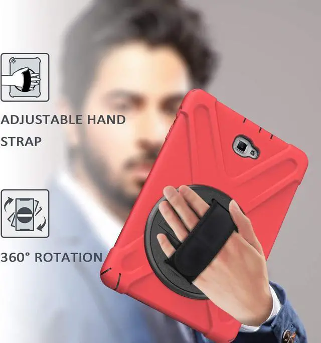 Alt view image 4 of 7 - Galaxy Tab A 10.1 Inch Case by Heavy Duty Shield Rotating Palmstrap Kickstand Shoulder Strap Tempered Glass Screen Protector for Samsung Galaxy Tab A 10.1 P580 SM-P580 (Red)