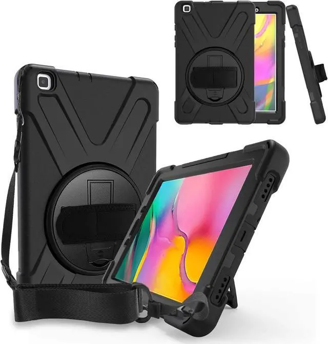 Main image of Galaxy Tab A 8.0 T290 Case, Heavy Duty Case Tempered Glass Screen Protector Cover Kickstand Handle Carrying Sling Strap for Samsung Galaxy Tab A 8.0 2019 T290 T295 (Black)
