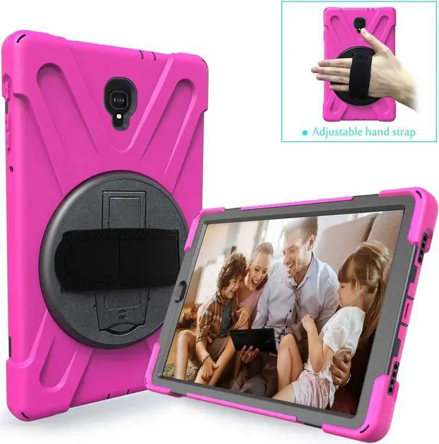 Alt view image 4 of 7 - Galaxy Tab A 10.5 Case by Heavy Duty Shield Rotating Palmstrap Kickstand Shoulder Strap Tempered Glass Screen Protector Cover for Samsung Galaxy Tab A 10.5-inch T590 SM-T590 (Hot Pink)