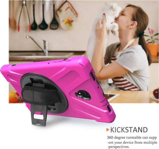 Alt view image 7 of 7 - Galaxy Tab A 10.5 Case by Heavy Duty Shield Rotating Palmstrap Kickstand Shoulder Strap Tempered Glass Screen Protector Cover for Samsung Galaxy Tab A 10.5-inch T590 SM-T590 (Hot Pink)