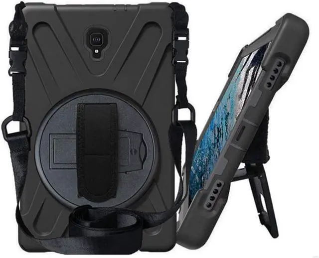 Main image of Galaxy Tab A 10.5 Case by Heavy Duty Shield Rotating Palmstrap Kickstand Shoulder Strap Tempered Glass Screen Protector Cover for Samsung Galaxy Tab A 10.5-inch T590 SM-T590 (Black)