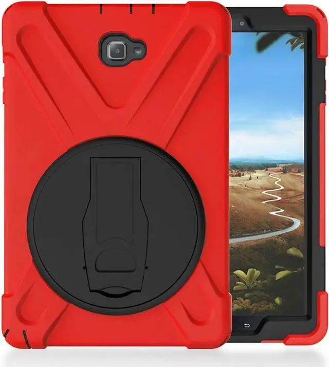 Alt view image 2 of 7 - Galaxy Tab A 10.1 Inch Case by Heavy Duty Shield Rotating Palmstrap Kickstand Shoulder Strap Tempered Glass Screen Protector for Samsung Galaxy Tab A 10.1 P580 SM-P580 (Red)