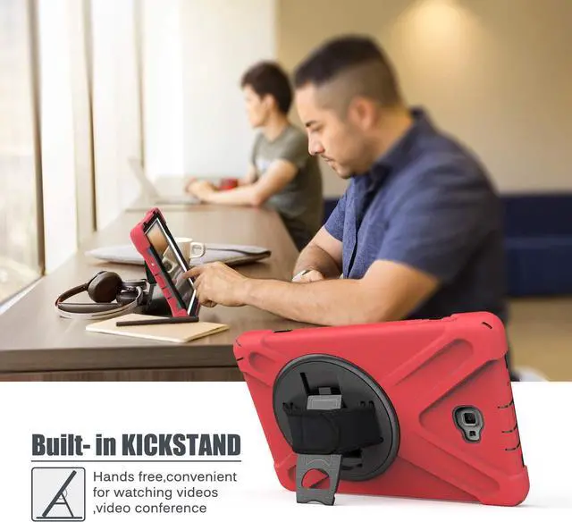 Alt view image 6 of 7 - Galaxy Tab A 10.1 Inch Case by Heavy Duty Shield Rotating Palmstrap Kickstand Shoulder Strap Tempered Glass Screen Protector for Samsung Galaxy Tab A 10.1 P580 SM-P580 (Red)