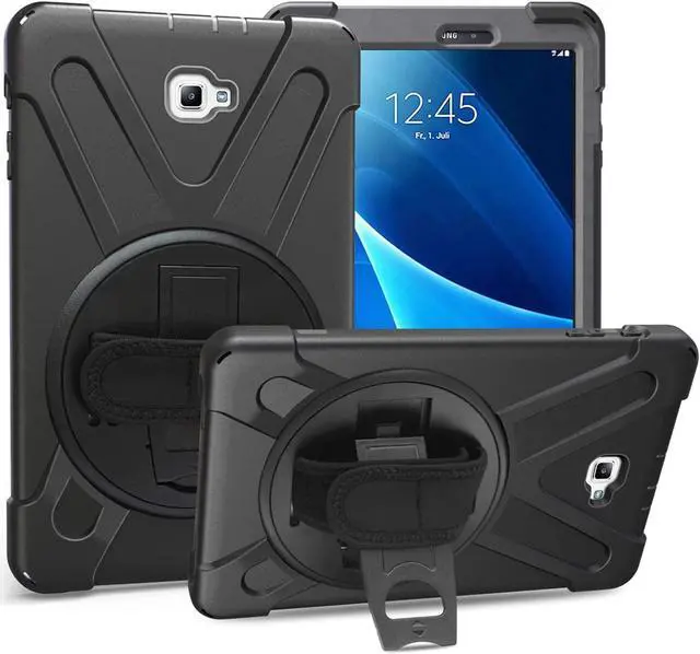 Main image of Galaxy Tab A 10.1 Inch Case by Heavy Duty Shield Rotating Palmstrap Kickstand Shoulder Strap Tempered Glass Screen Protector for Samsung Galaxy Tab A 10.1 P580 SM-P580 (Black)