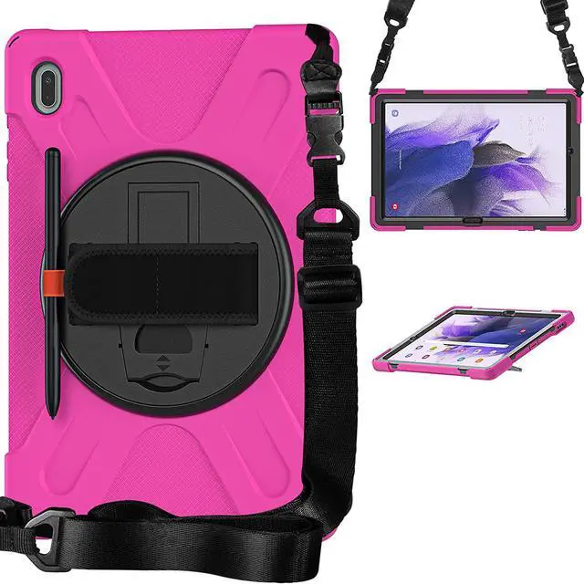 Alt view image 2 of 3 - Galaxy Tab S7 FE SM-T730 Case, Shockproof Heavy Duty Impact Drop Protection Case Cover with Shoulder Strap for Samsung Galaxy Tab S7 FE (2021) T730 (Hot Pink)