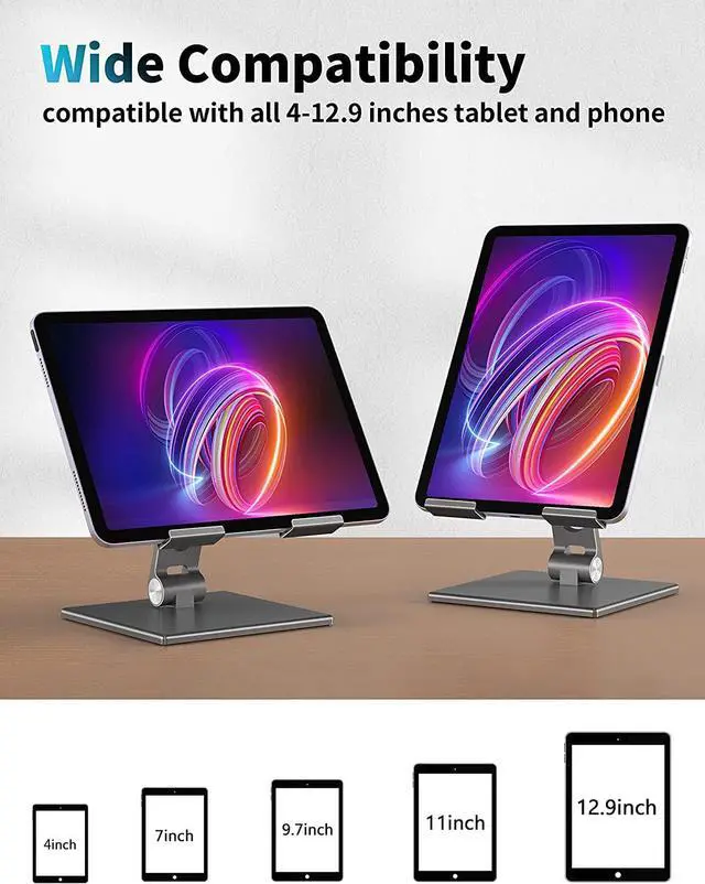 Alt view image 2 of 7 - Tablet Stand for Desk, Stable Tablet Holder with Heavy and Thickened Metal Base for Large Tablet Device, Multi-Angles Adjustable and Foldable, Universal Supports 4-13.3 Inches Tablet, Gray