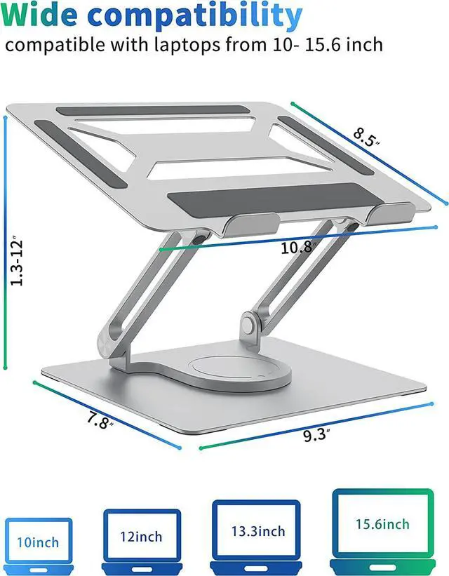 Alt view image 2 of 7 - Adjustable Laptop Stand with 360° Rotating Heavy Base, Ergonomic Laptop Riser for Desk, Stable Laptop Holder for Collaborative Working, Suit for 10-15.6" PC Computer, Dual Shaft, Silver