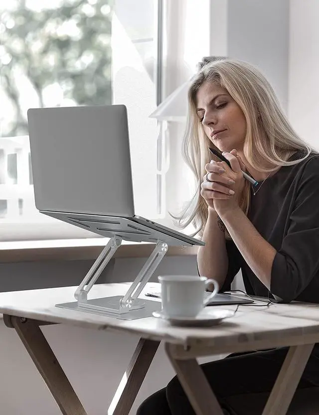 Alt view image 7 of 7 - Adjustable Laptop Stand with 360° Rotating Heavy Base, Ergonomic Laptop Riser for Desk, Stable Laptop Holder for Collaborative Working, Suit for 10-15.6" PC Computer, Dual Shaft, Silver