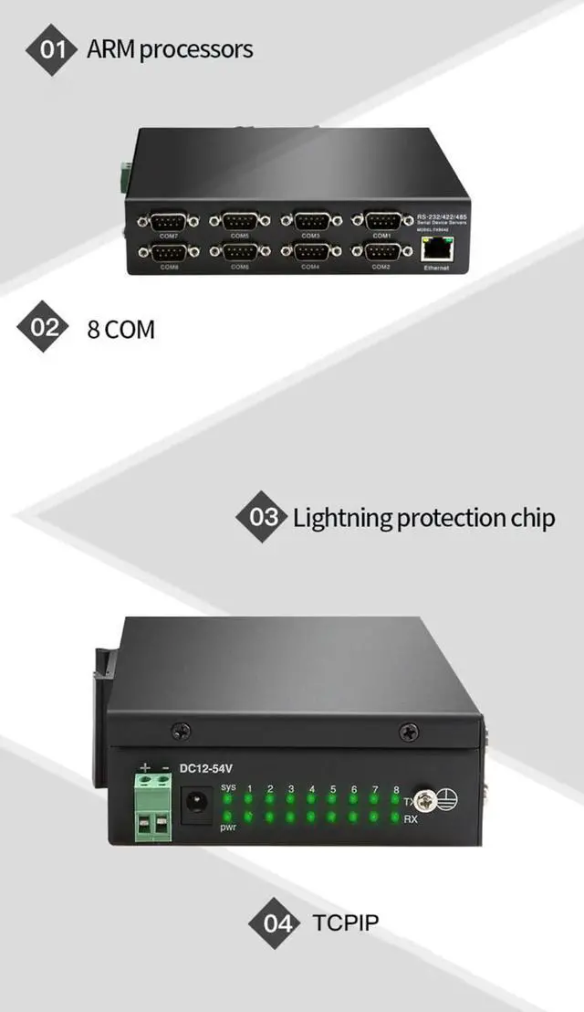Alt view image 4 of 7 - 8 Ports RS232 RS485 RS422 to Ethernet TCP/IP Converter Multiple Serial Device Server Switch Modbus Gateway