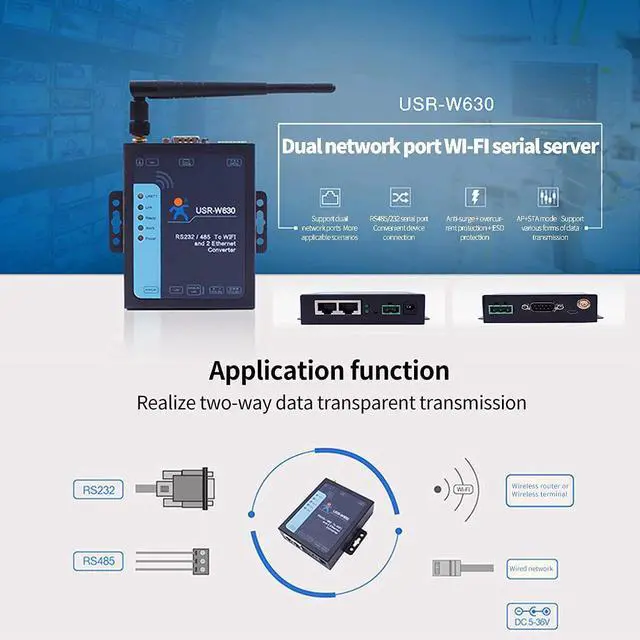 Alt view image 2 of 7 - USR-W630 Industrial Serial RS232/RS485 to WiFi and Ethernet Converter Supports Dual RJ45 Ethernet Ports Modbus RTU to Modbus TCP with DC Adapter Terminal Power Supply 5-36 V
