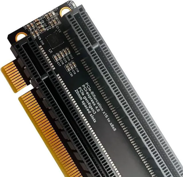 Alt view image 5 of 5 - PCI-E 4.0 x16 1 to 2 Expansion Card Gen4 Split Card PCIe-Bifurcation x16 to x8x8 with 20mm Spaced Slots CPU4P Power Supply Port (SATA)
