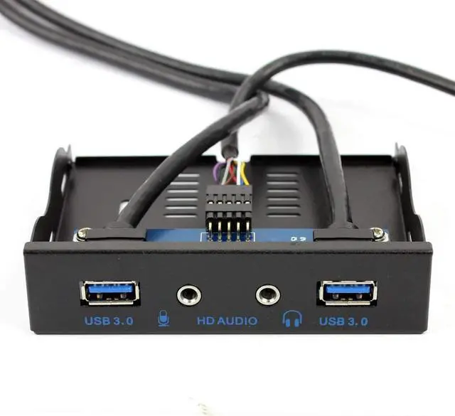 Main image of 2Ports USB3.0 PC Front Panel Bracket 3.5 Floppy Bay 19Pin to USB 3.0 Hub HD Audio Earphone Mic Connector with Cable for Desktop (Black)