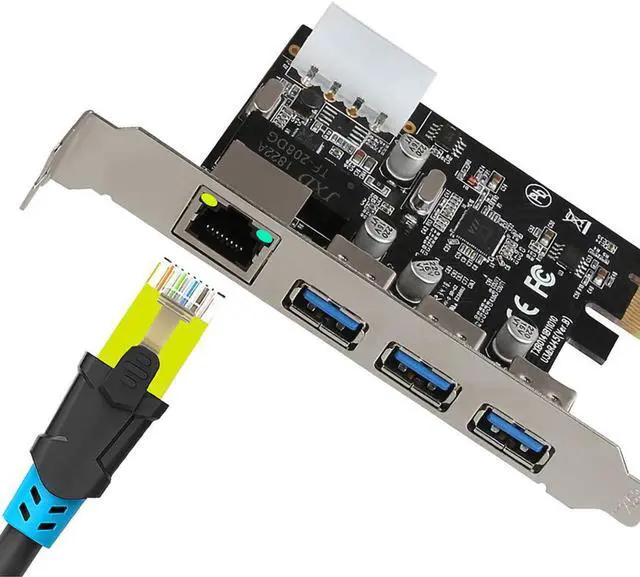 Alt view image 4 of 4 - PCI-E to External 3 Ports 5Gbps USB 3.0 HUB + RJ-45 Gigabit Ethernet Network Card 10/100/1000Mbps PCI Express USB3.0 LAN Adapter Combo Controller Card Compatible with USB 2.0 USB1.1 Devices