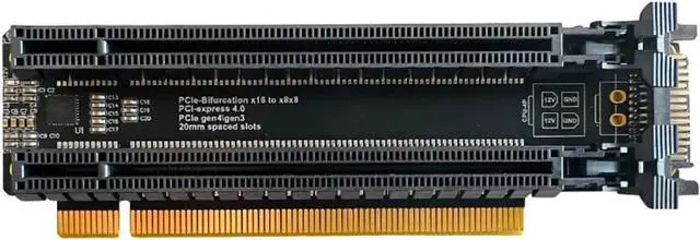Alt view image 3 of 5 - PCI-E 4.0 x16 1 to 2 Expansion Card Gen4 Split Card PCIe-Bifurcation x16 to x8x8 with 20mm Spaced Slots CPU4P Power Supply Port (SATA)