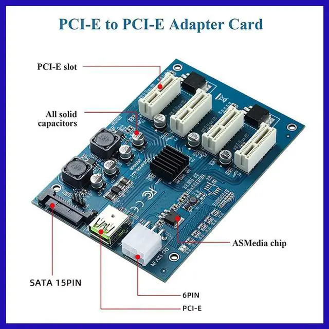Alt view image 5 of 7 - PCI-E 1X to PCIE 4 Slots Adapter Card PCI Express Expansion Card 1 to 4 PCIe Slot Riser with 6Pin/SATA 15Pin Port
