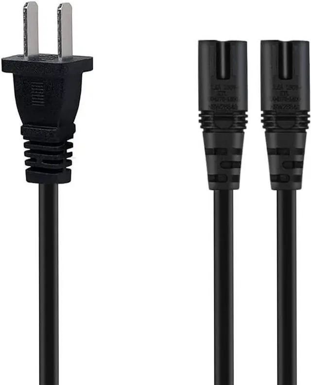 Alt view image 2 of 4 - 6FT Non-Polarized AC Power Cord 2 Prong 1-15p to Dual C8 Figure 8 Power Cable CCC Listed Universal Replacement Wall Cable (180 Degree Angle)