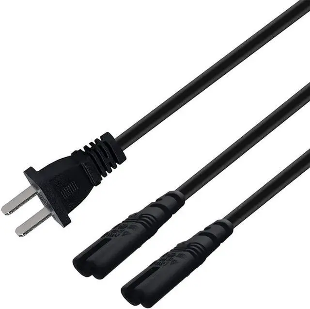 Main image of 6FT Non-Polarized AC Power Cord 2 Prong 1-15p to Dual C8 Figure 8 Power Cable CCC Listed Universal Replacement Wall Cable (180 Degree Angle)