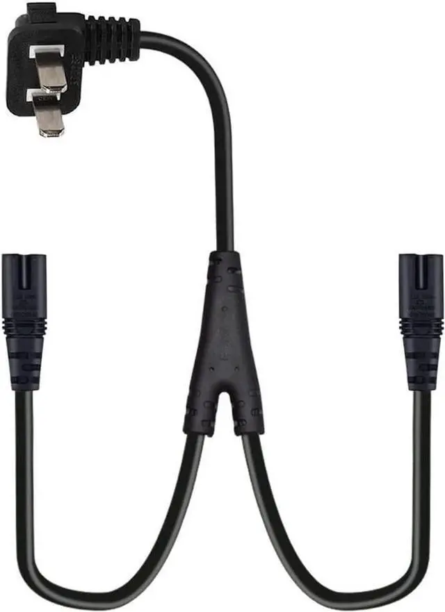 Alt view image 3 of 4 - 6FT Non-Polarized AC Power Cord 2 Prong 1-15p to Dual C8 Figure 8 Power Cable CCC Listed Universal Replacement Wall Cable (90 Degree Angle)