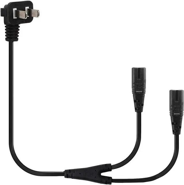Alt view image 4 of 4 - 6FT Non-Polarized AC Power Cord 2 Prong 1-15p to Dual C8 Figure 8 Power Cable CCC Listed Universal Replacement Wall Cable (90 Degree Angle)