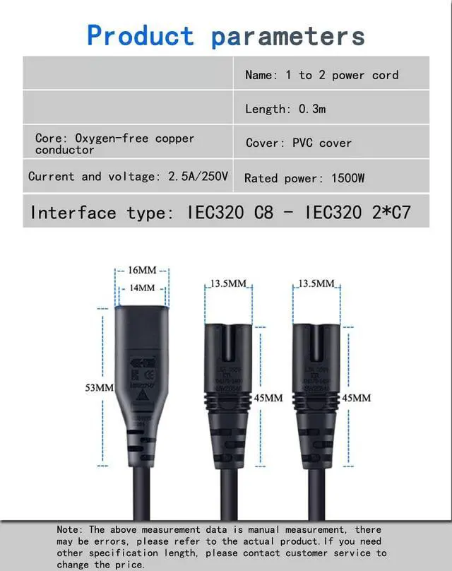 Alt view image 3 of 4 - Figure 8 Power Cord 0.75mm 2 Pin Universal Replacement AC Power Cable for Camera Battery Chargers TV Computer Monitor Projector Printer etc (0.3M C8 to 2*C7)