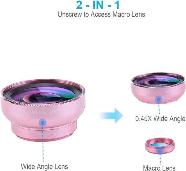 Alt view image 4 of 7 - 37mm Universal Professional Phone Lens Kit 2 in 1 Lens 49UV Universal Professional 0.45x Super Wide-Angle+12.5X Macro HD Camera Lens with Lens Clip for Phone Tablet Android (Rose Pink)