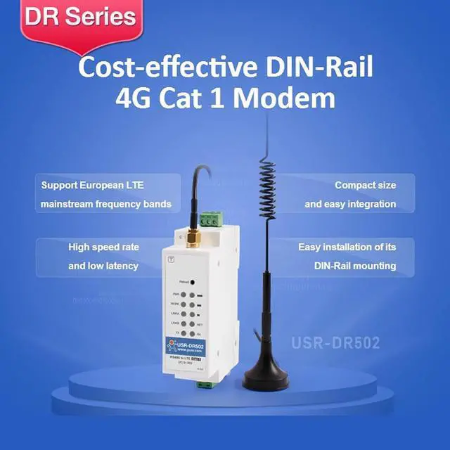 Alt view image 2 of 7 - USR-DR502-E 4G LTE Cat 1 Modem Wide Range Cost-Effective Support RS485 Serial Port Sim Card Slot Built-in 35 mm DIN Rail Seat with MQTT/SSL (No Power Adapter,RTU to TCP Version)
