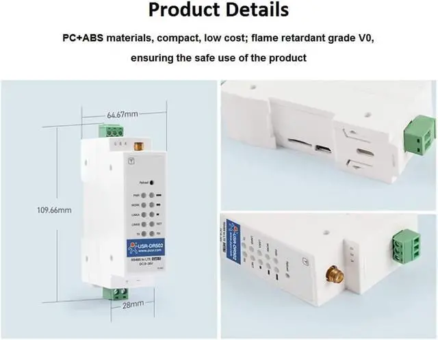 Alt view image 4 of 7 - USR-DR502-E 4G LTE Cat 1 Modem Wide Range Cost-Effective Support RS485 Serial Port Sim Card Slot Built-in 35 mm DIN Rail Seat with MQTT/SSL (No Power Adapter,RTU to TCP Version)