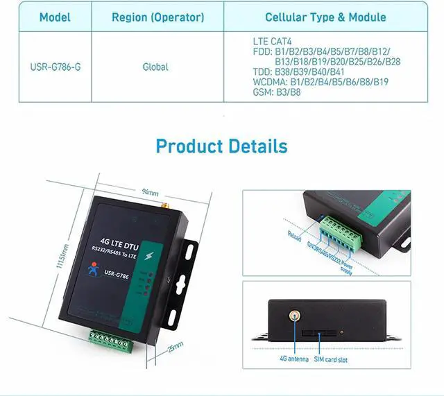 Alt view image 5 of 7 - USR-G786-G Serial 4G LTE Cellular Modems with Global Bands M2M Cellular Modems RS232 RS485 to LTE Cat 4 Modem Support FOTA Remote Upgrade (with Power Supply)