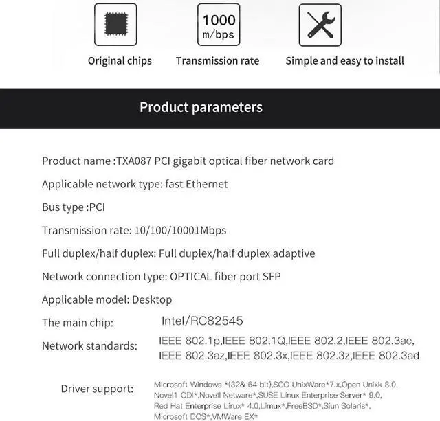 Alt view image 7 of 7 - diewu TXA087 1000Mbps PCI SFP Network Card Gigabit Ethernet LAN Adapter Fully Shielded SFP Slot with Intel 82545 Chip Support Windows Server/Linux/VMware