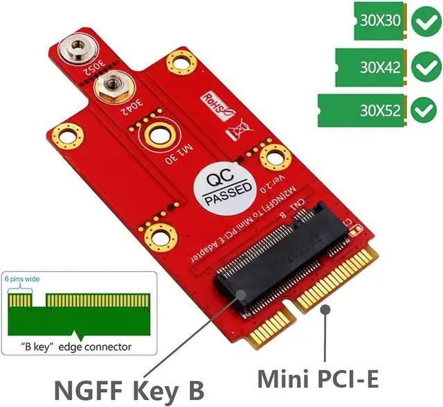 Alt view image 3 of 6 - M.2 NGFF Key B to Mini PCI-E Adapter Card with Screw Kit for 3G / 4G / 5G Module Support 3042/3052 Type M2 Key B Card Dimension