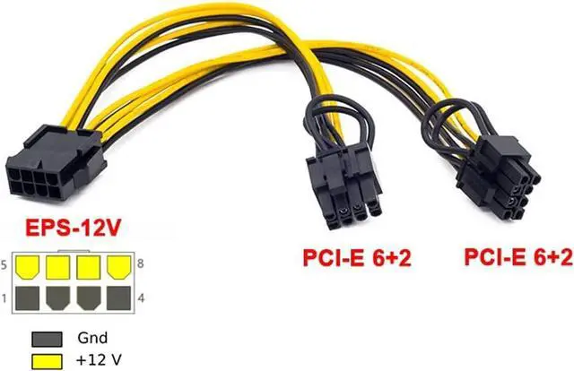 Alt view image 3 of 6 - CPU 8Pin to GPU Dual 8Pin (6Pin + 2Pin) Power Supply Cable 25cm Power Adapter Cable for Graphics Video Card BTC Miner