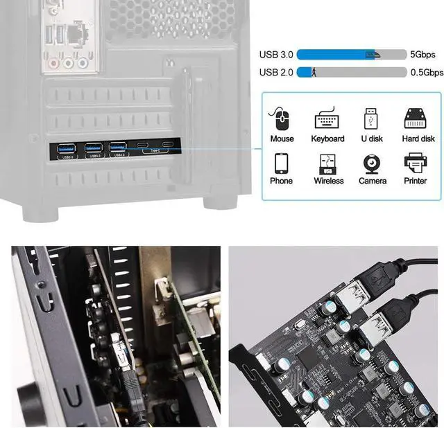 Alt view image 3 of 7 - PCI-E to USB 3.0 Type A+Type C Expansion Card FL110 Chipset 5Gbps for Desktop PC Host Card Support Linus, Windows 10/8/7/XP and MAC OS 10.8.2 Above (2X USB-C + 5X USB-A)