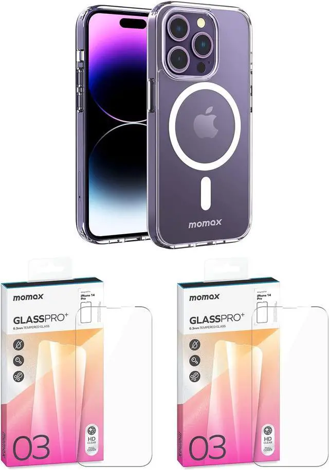Main image of MOMAX Magnetic Phone Case for iPhone 14 Pro (Clear), Glass Screen Protector for iPhone 14 Pro HD 0.3mm 9H Hardness Scratch Resistant Bubble Free Tempered Glass Film for iPhone 14 Pro