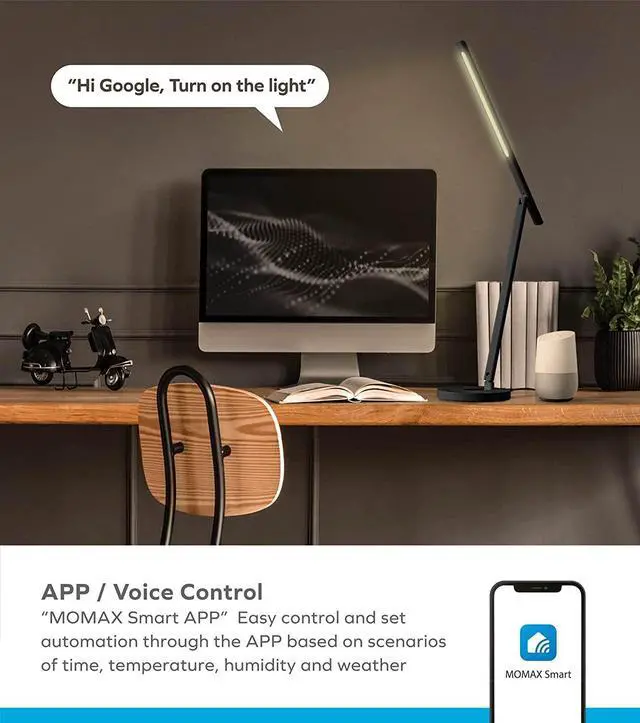 Alt view image 5 of 7 - MOMAX Smart LED Desk Lamp with Wireless Charger & Auto Locking Vertical Laptop Stand, Eye-Caring Auto-Dimming Lamp with Light Sensor, Voice & APP Control, USB Port, for Home Office, Reading, Studying