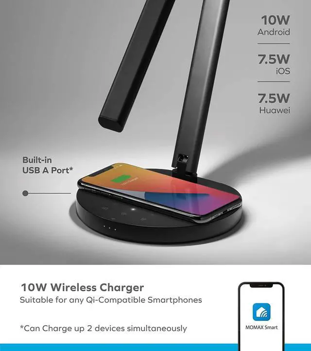 Alt view image 3 of 7 - MOMAX Smart LED Desk Lamp with Wireless Charger & Auto Locking Vertical Laptop Stand, Eye-Caring Auto-Dimming Lamp with Light Sensor, Voice & APP Control, USB Port, for Home Office, Reading, Studying