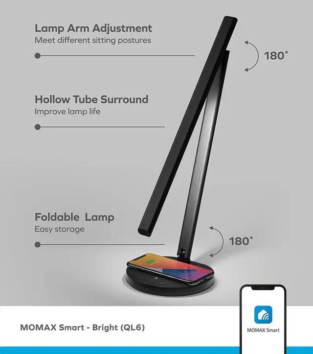 Alt view image 6 of 7 - MOMAX Smart LED Desk Lamp with Wireless Charger & Auto Locking Vertical Laptop Stand, Eye-Caring Auto-Dimming Lamp with Light Sensor, Voice & APP Control, USB Port, for Home Office, Reading, Studying